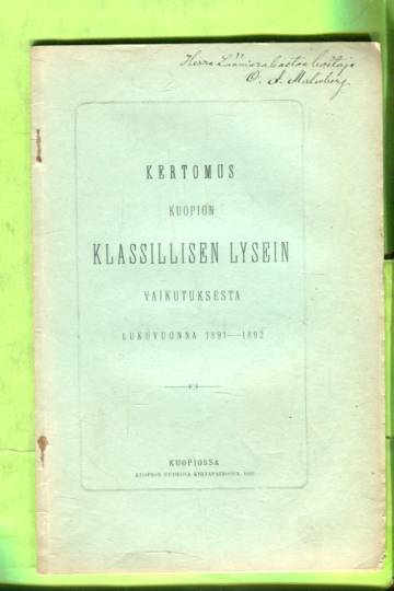 Kertomus Kuopion klassillisen lysein vaikutuksesta lukuvuonna 1891-1892